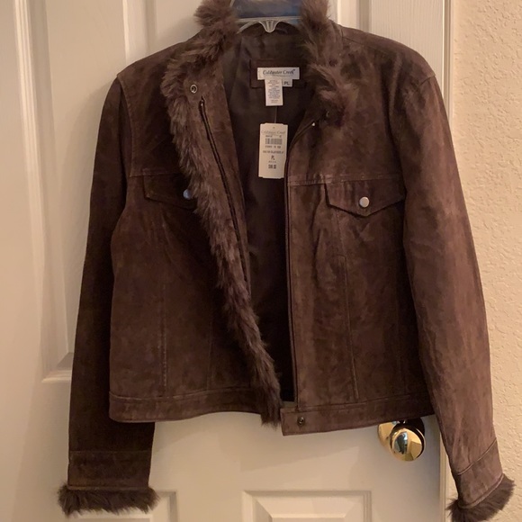 Coldwater Creek NEW Suede Leather Jacket Faux Fur Collar  Perfect condition PL - Picture 2 of 3